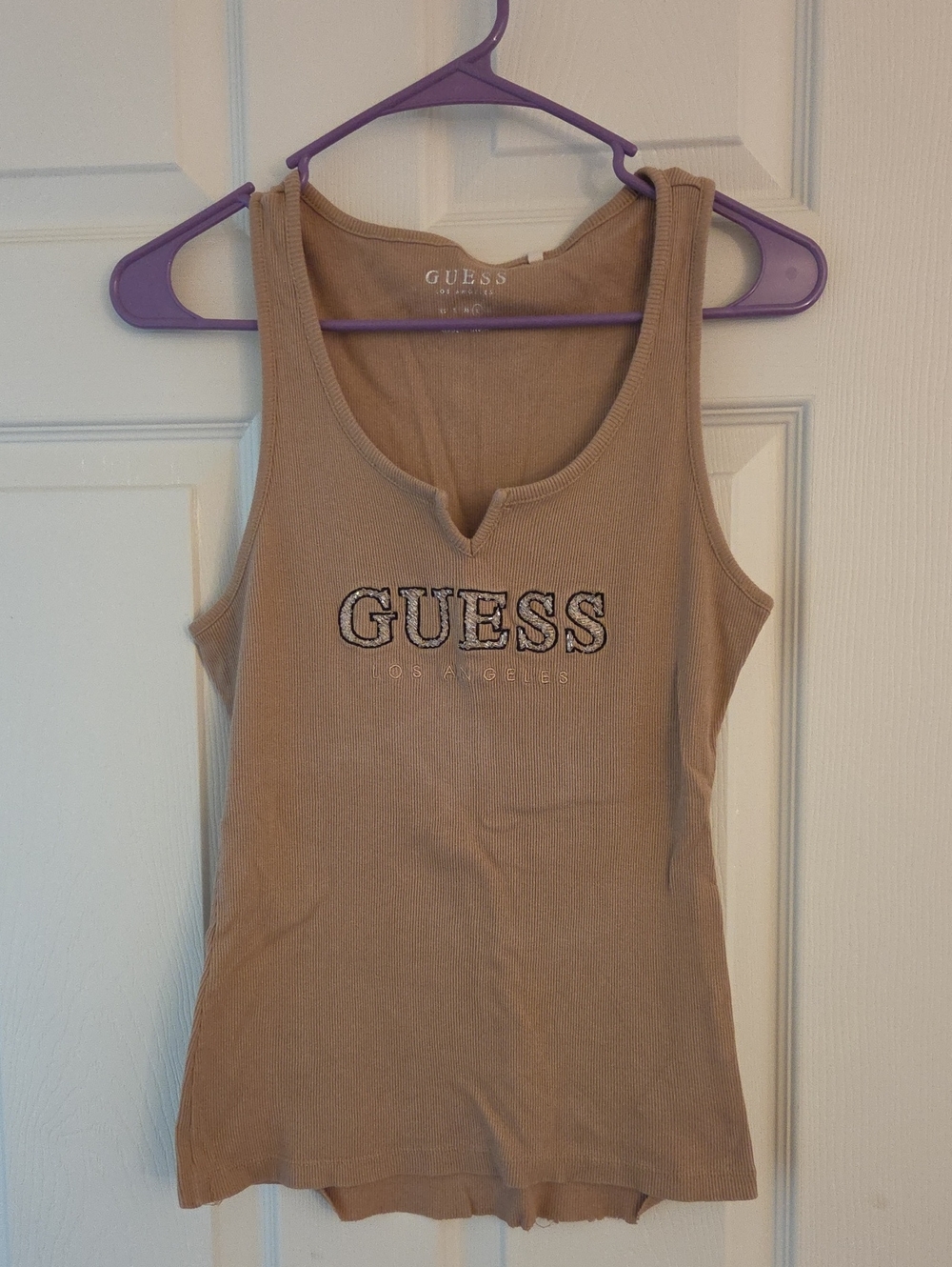 GUESS Tan Ribbed Tank Top with Embroidered Logo